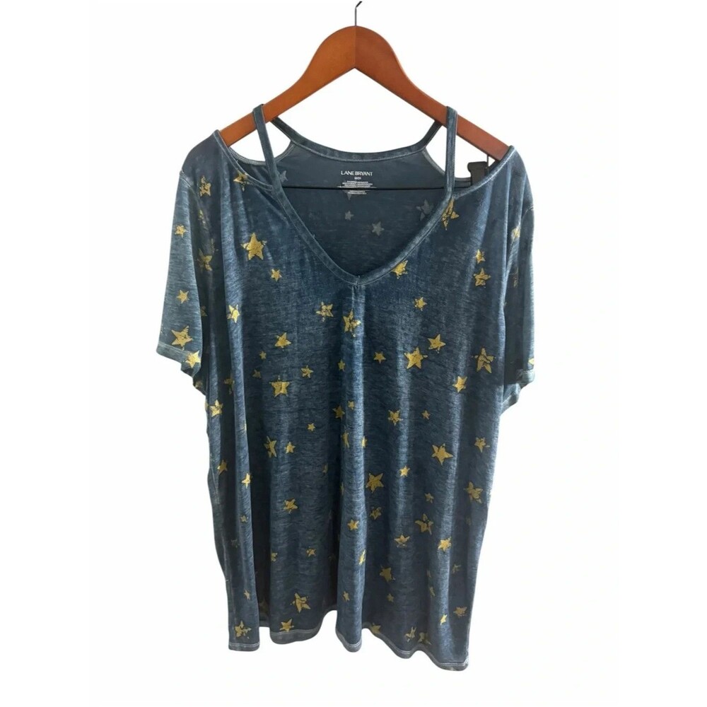 Lane Bryant Teal Cold-Shoulder V-Neck Top with Gold Star Print